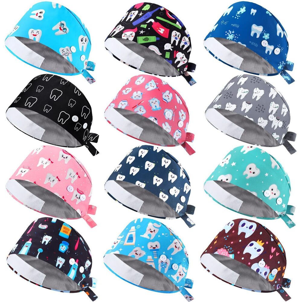 6056 12 Pcs Satin Lined Scrub Caps Dental Working Caps with Button